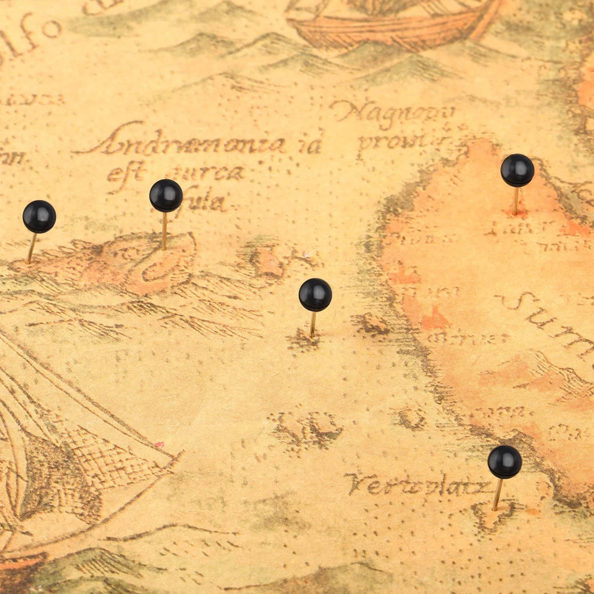 Black round-head map push pins on a paper surface.