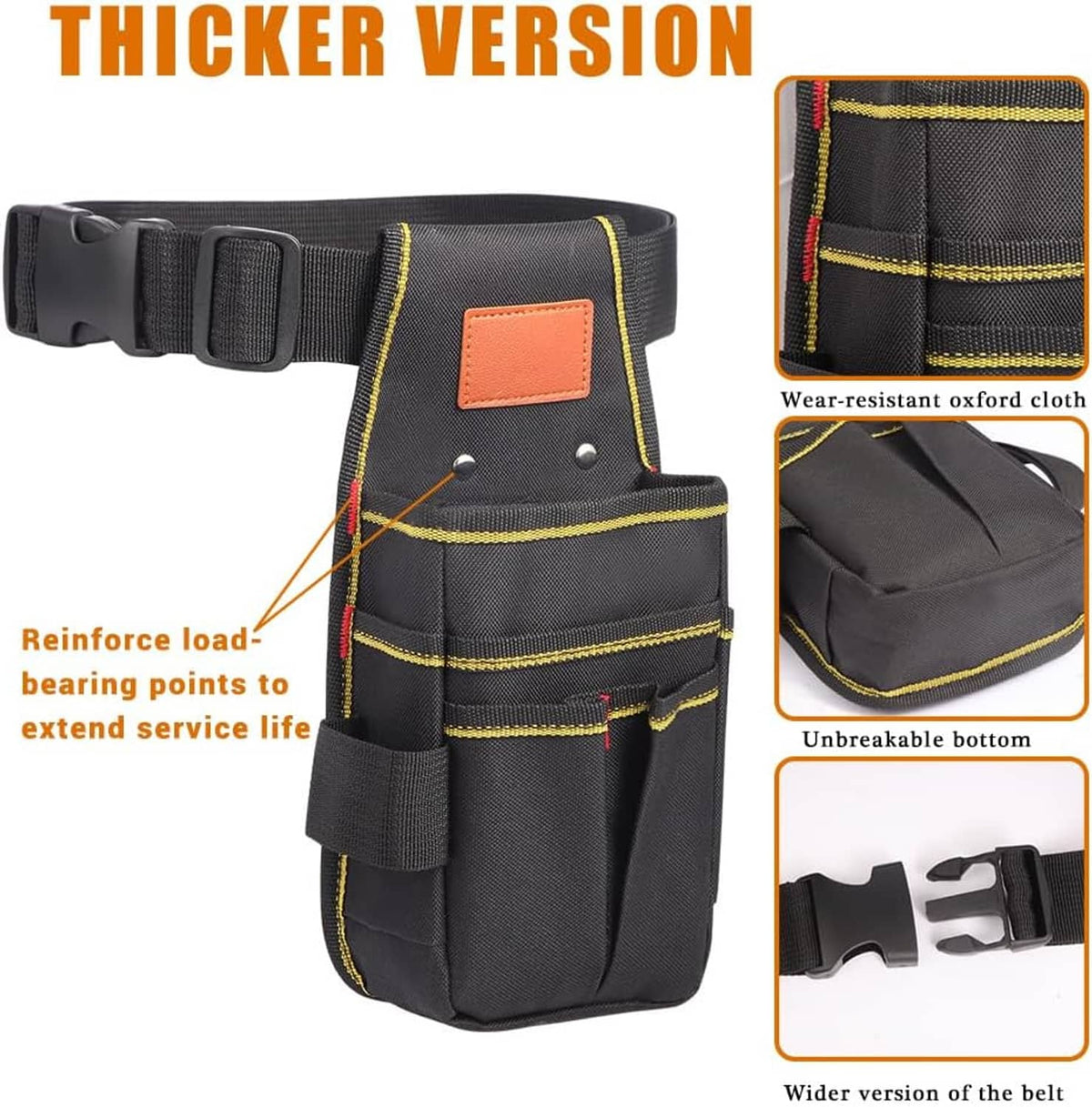 Black tool belt pouch with belt straps, orange patch, and yellow stitched pockets.