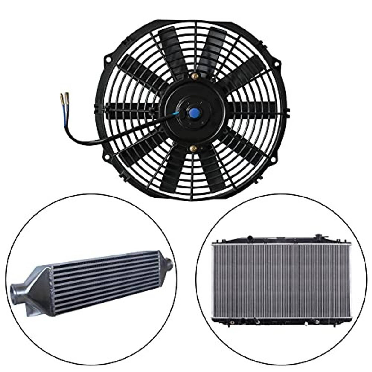 Black 12-inch radiator cooling fan with grille blades and center hub, shown with radiator core