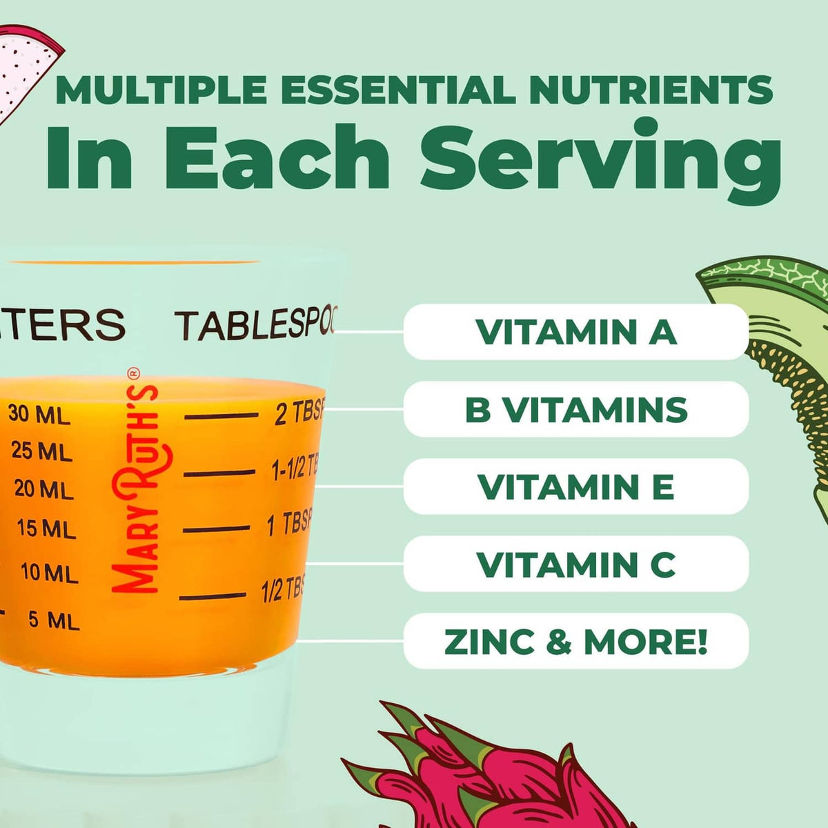 Vitamin supplement serving graphic with cup and label listing vitamin A, B, C, E, zinc