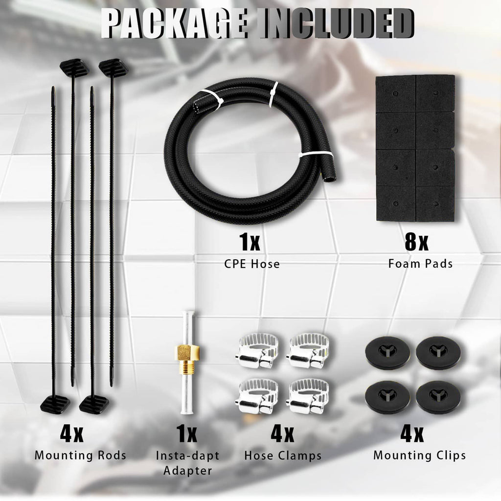 Oil cooler kit contents: braided hose, mounting rods, clamps, adapter, and foam pads