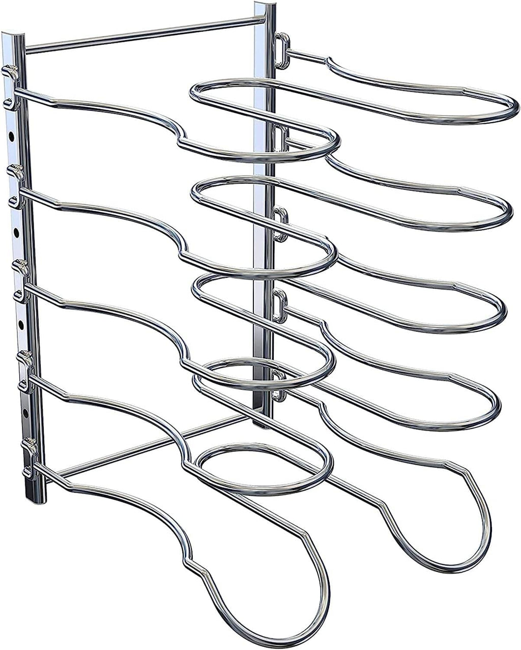 Chrome cabinet cookware organizer rack with multi-level wire loops for pan handles