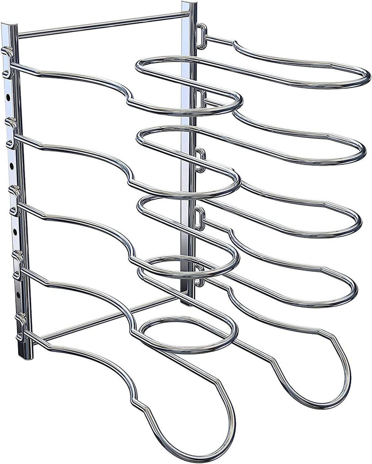 Chrome cabinet cookware organizer rack with multi-level wire loops for pan handles