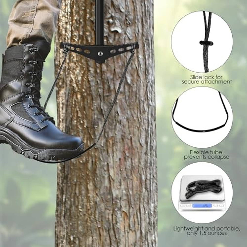 Climbing stick step aide strap attached to a tree with rope step loop for boots.