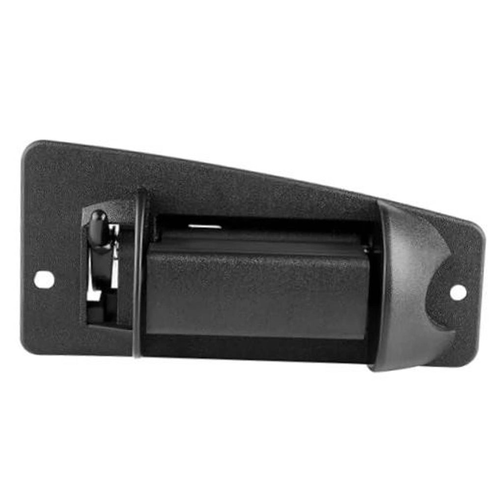 Black exterior rear door handle with mounting holes and integrated latch mechanism