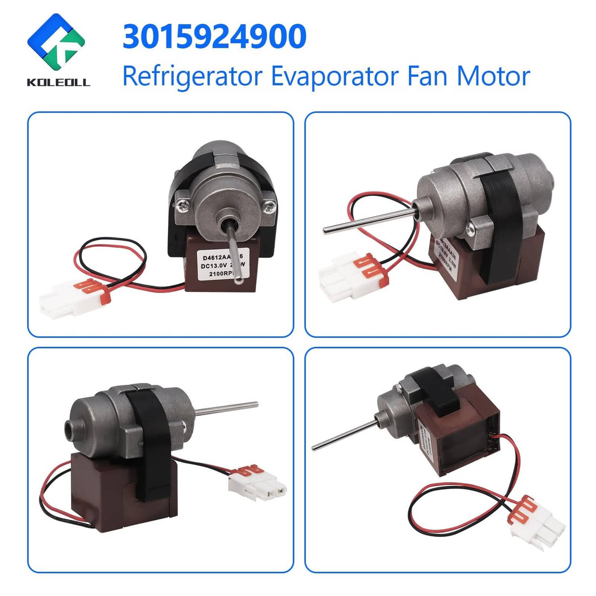 Refrigerator evaporator fan motor with gray shaft, brown housing, and white wire harness