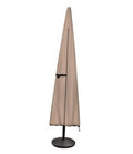 Brown patio umbrella cover with fitted bottom and tall tapered shape over a base stand.