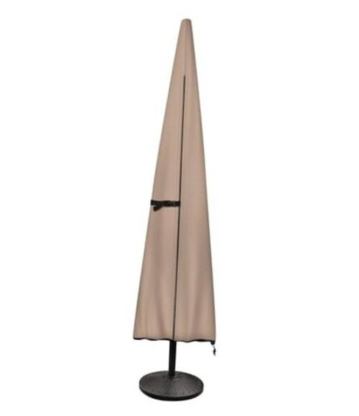 Brown patio umbrella cover with fitted bottom and tall tapered shape over a base stand.