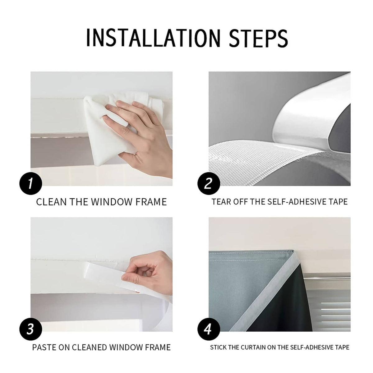 Silver-gray self-adhesive blackout curtain panel being installed on a window frame