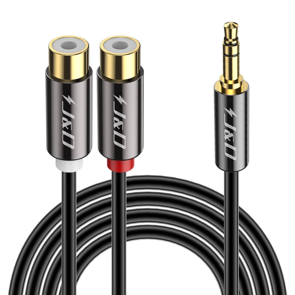 RCA to 3.5mm stereo audio cable close-up with dual RCA female connectors and 3.5mm male tip