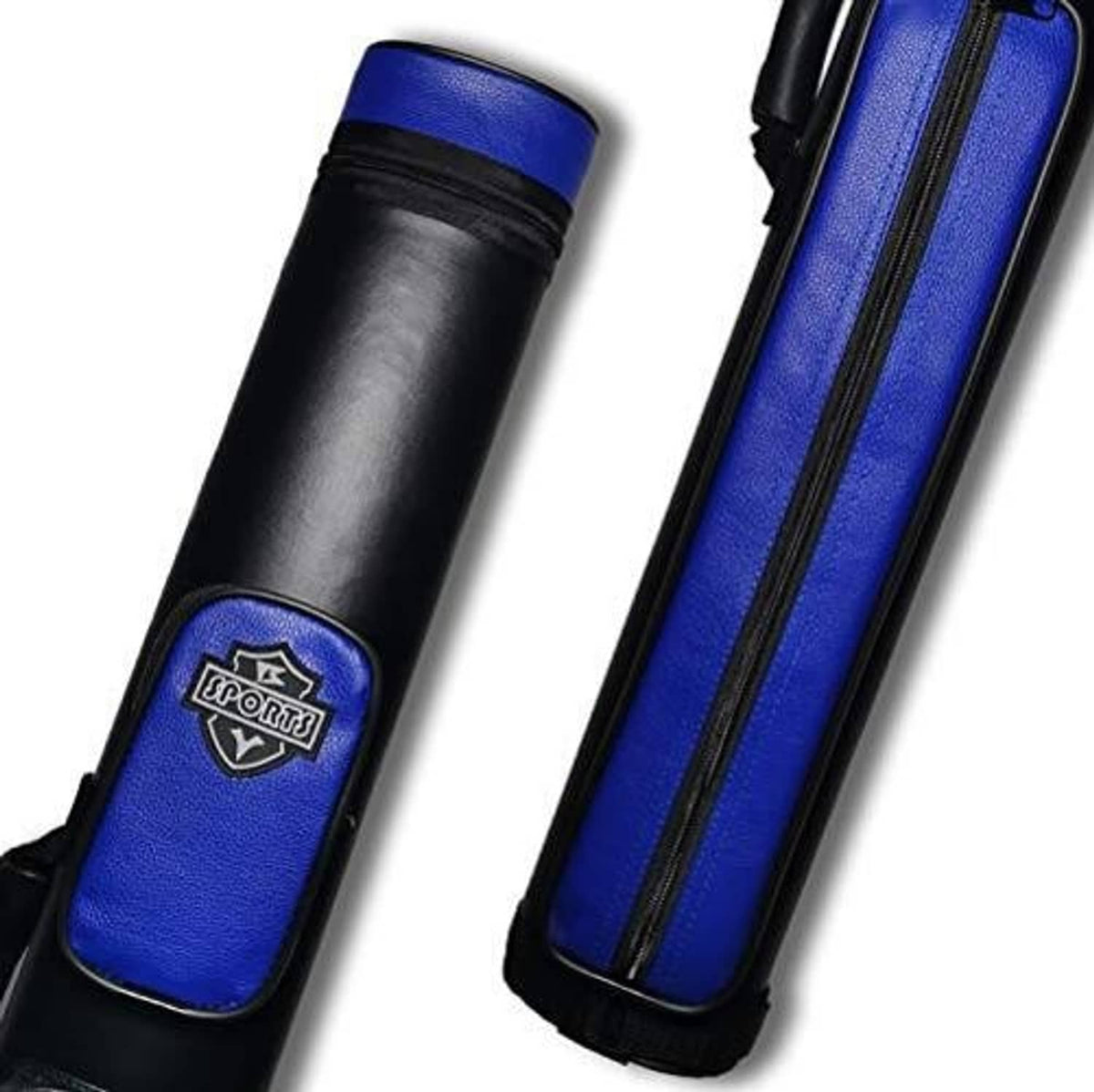 Blue leather-look end caps on a hard pool cue case with emblem and zip panel.