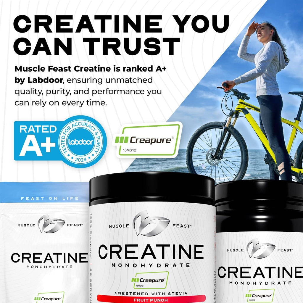 Creatine monohydrate powder tubs with Creapure label and unflavored branding