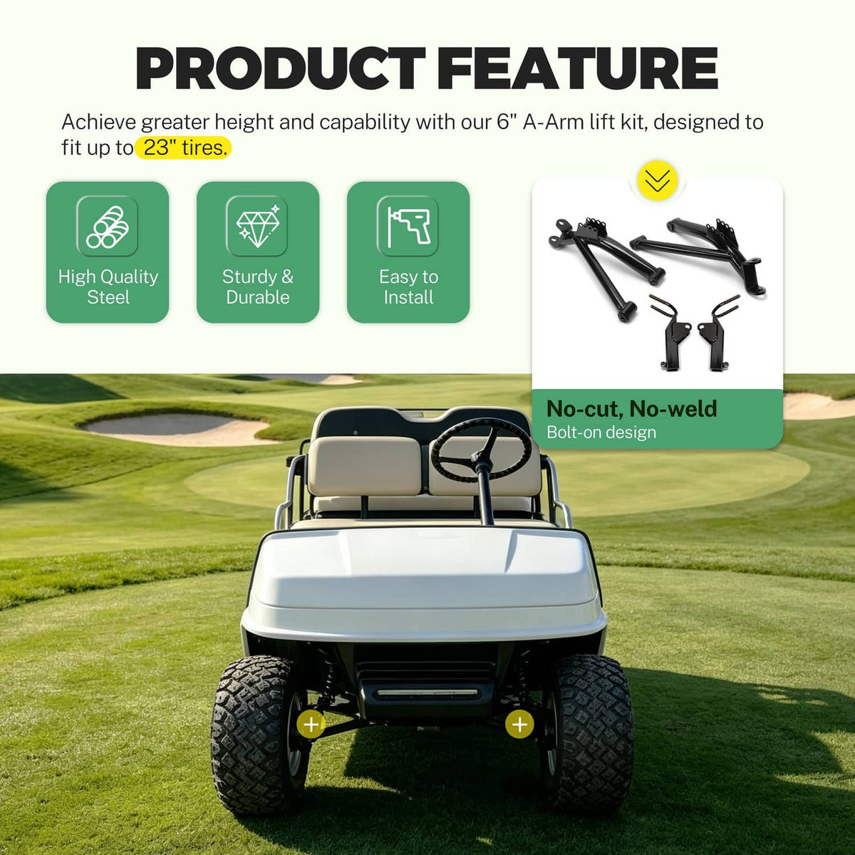 Front view of a lifted golf cart with 6-inch A-arm lift kit installed