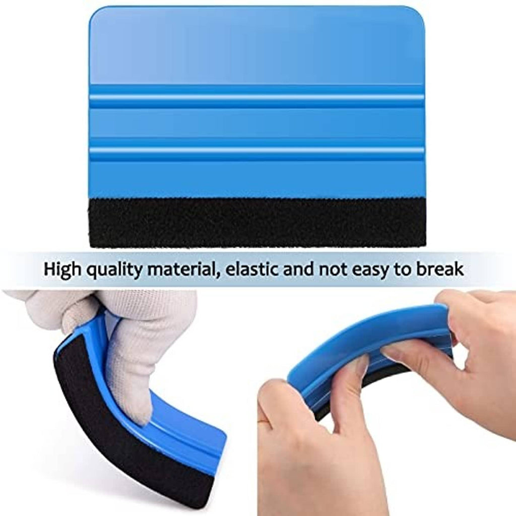 Blue plastic squeegee with black felt edge; handheld scraper for vinyl edges