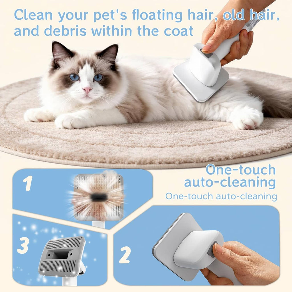 One-touch self-cleaning grooming vacuum brush tool shown with a cat on a rug