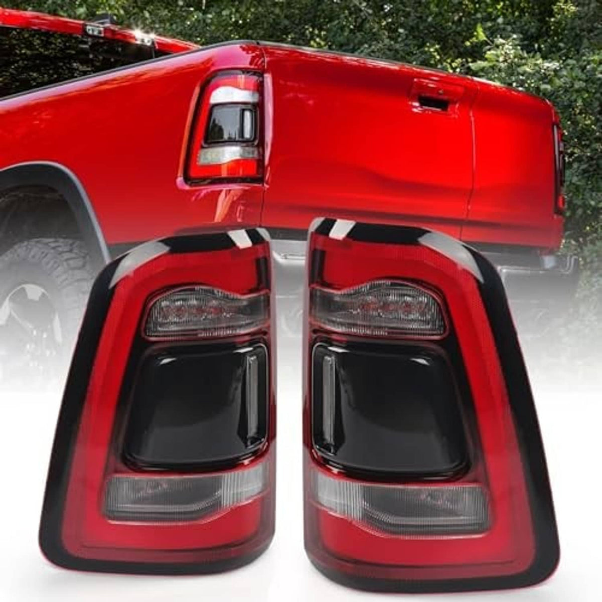 Tail light assembly pair on truck bed corner, red lens and black housing