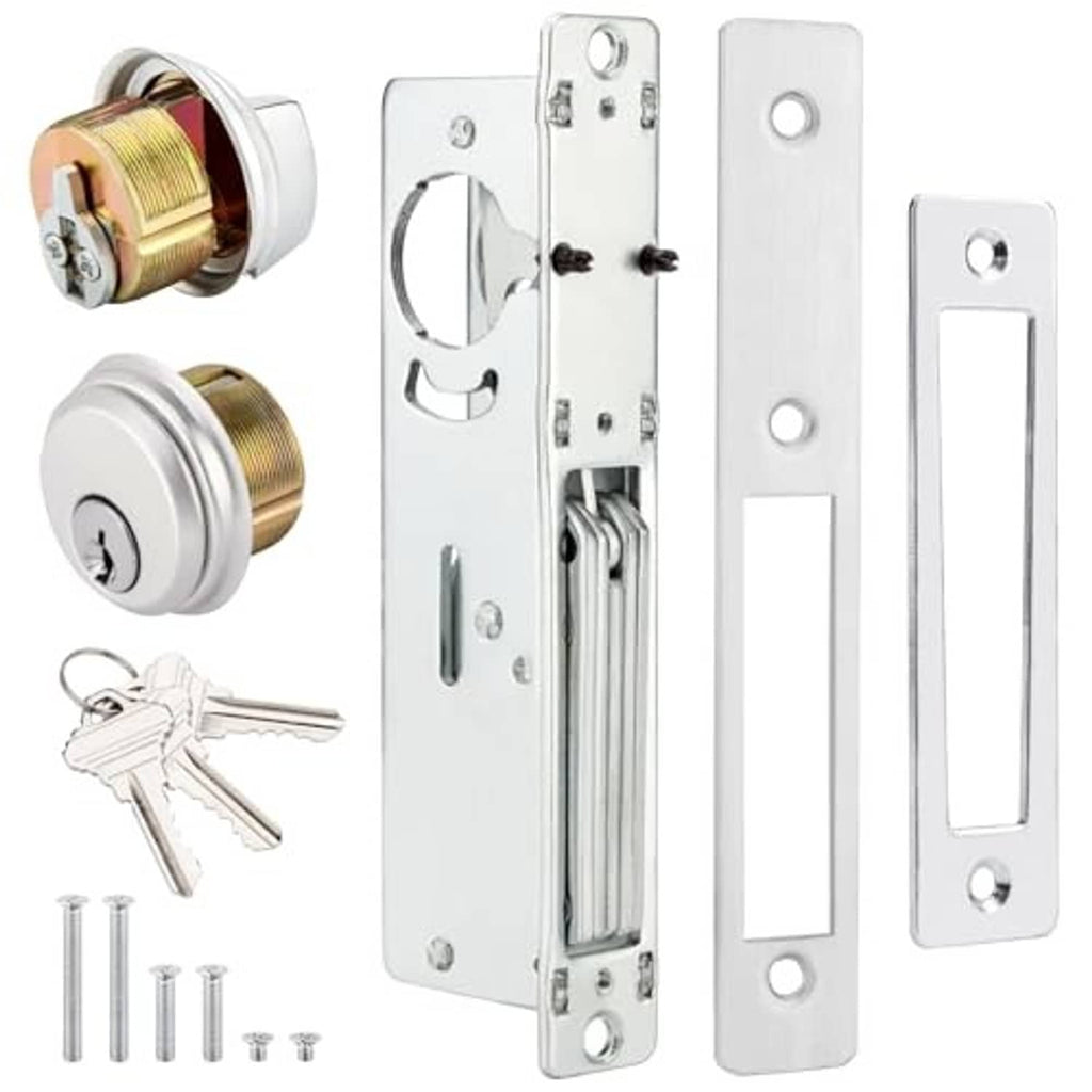Aluminum mortise door lock set with cylinder, keys, latch body, and strike plates