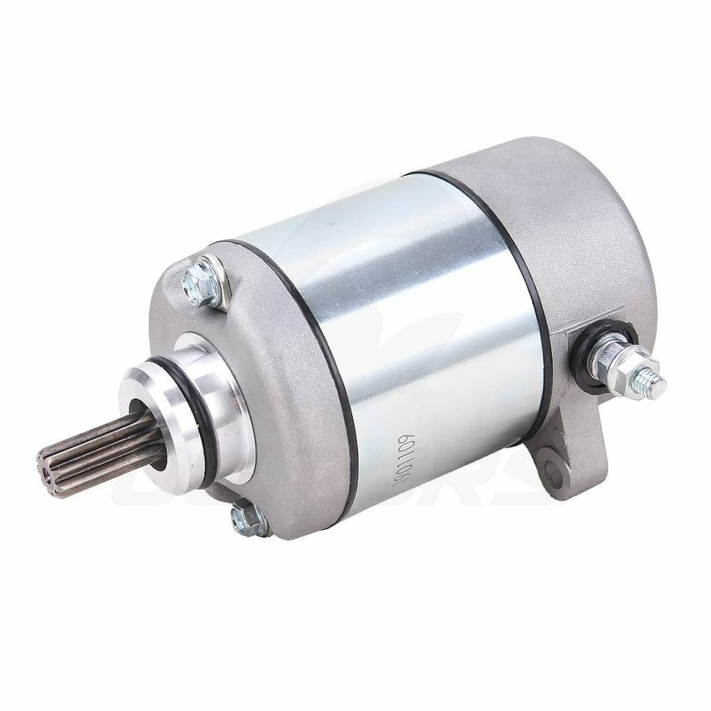 Starter motor assembly with pinion gear, silver/gray housing, mounting bolts