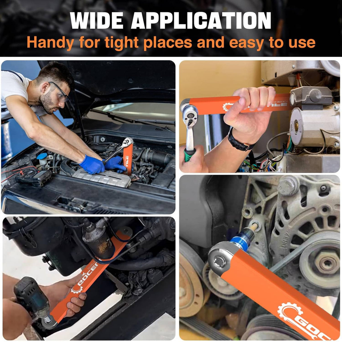Orange offset extension wrench being used in a tight car engine area.