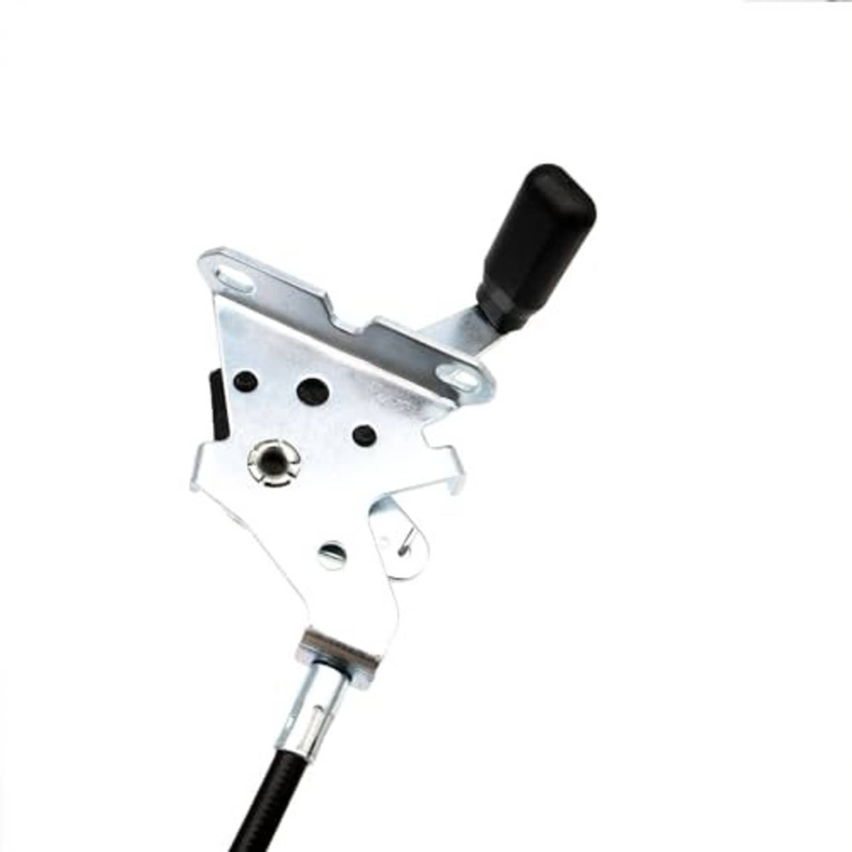 Throttle control cable bracket with black handle grip and silver metal housing