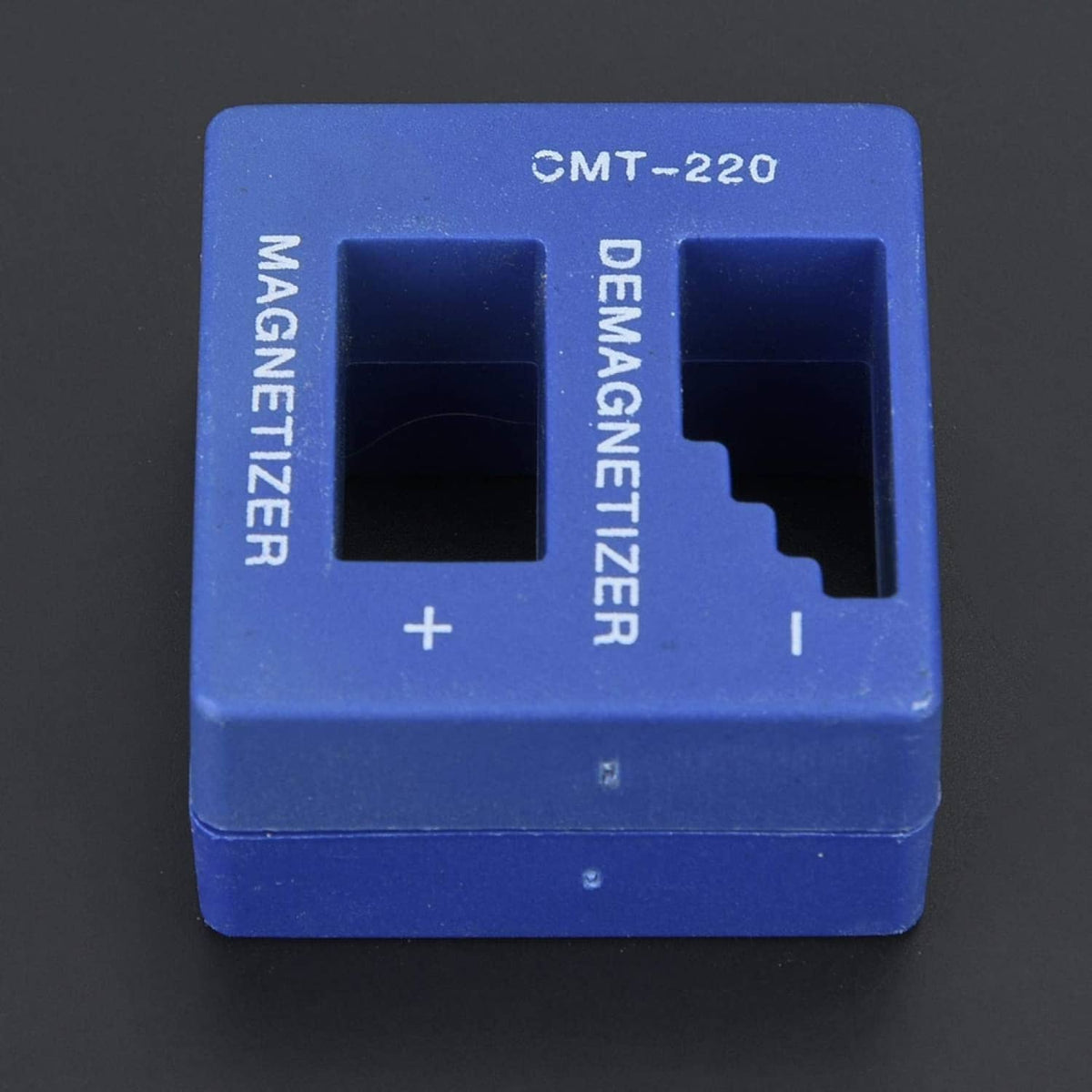 Blue demagnetizer/magnetizer cube with CMT-220 and tool insertion channel