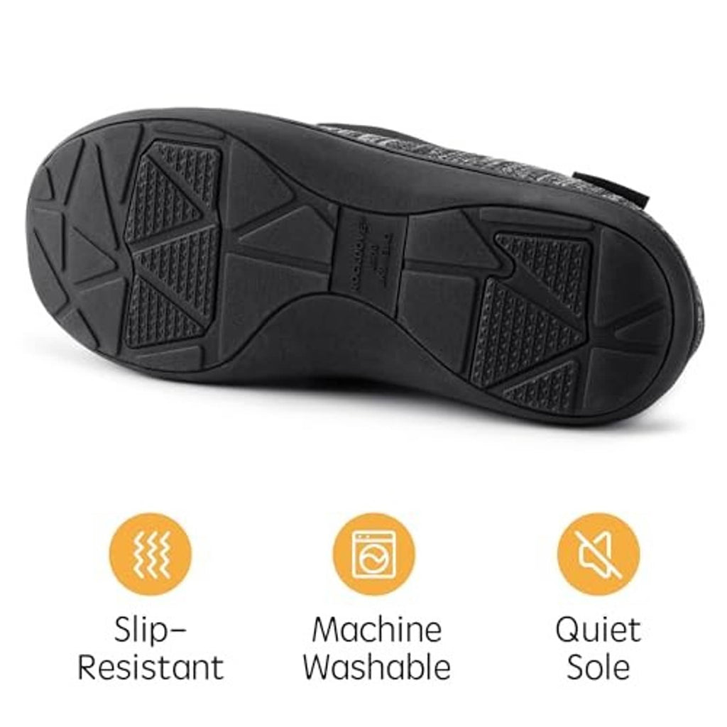 Rubber outsole of charcoal-black tweed moc slippers; slip-resistant tread pattern
