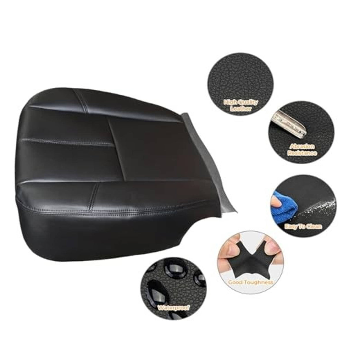 Black leather front seat bottom replacement cover with reinforced stitching