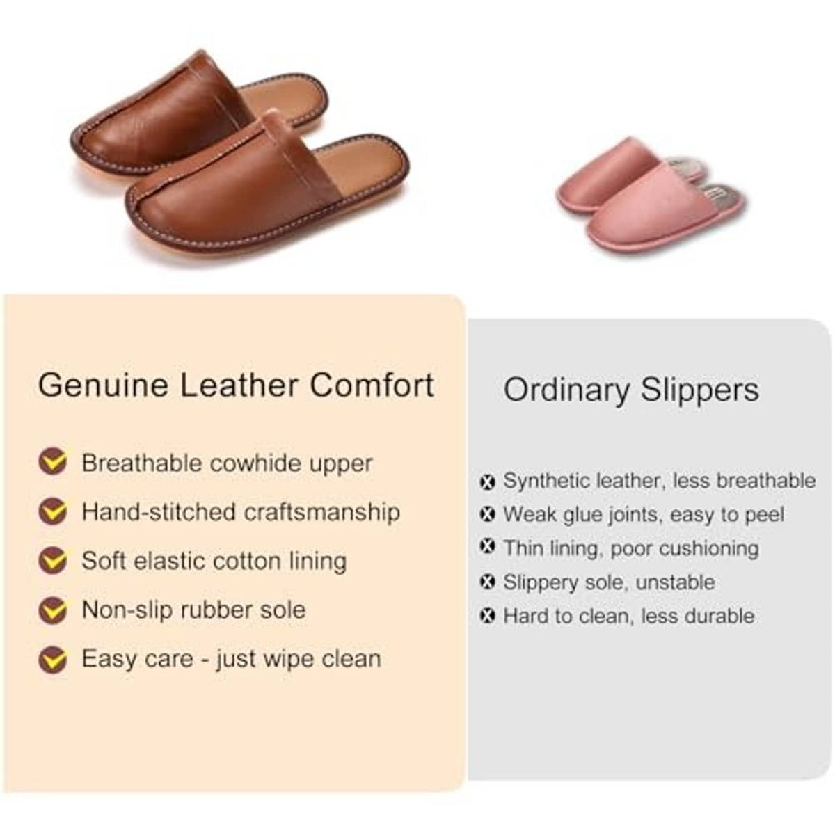 Brown leather comfort slippers shown with non-slip rubber sole and elastic lining