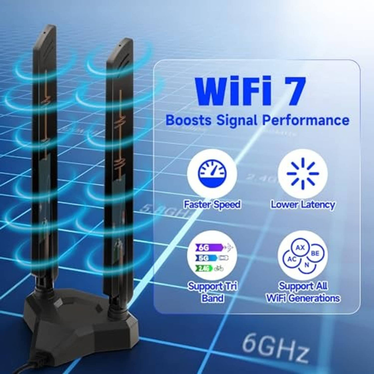 Two black WiFi 7 tri-band antennas standing on base with attached cable