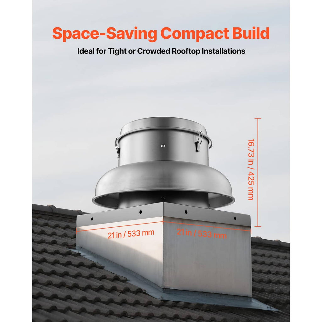 Compact roof ventilation fan mounted on corrugated roof tiles with rectangular base
