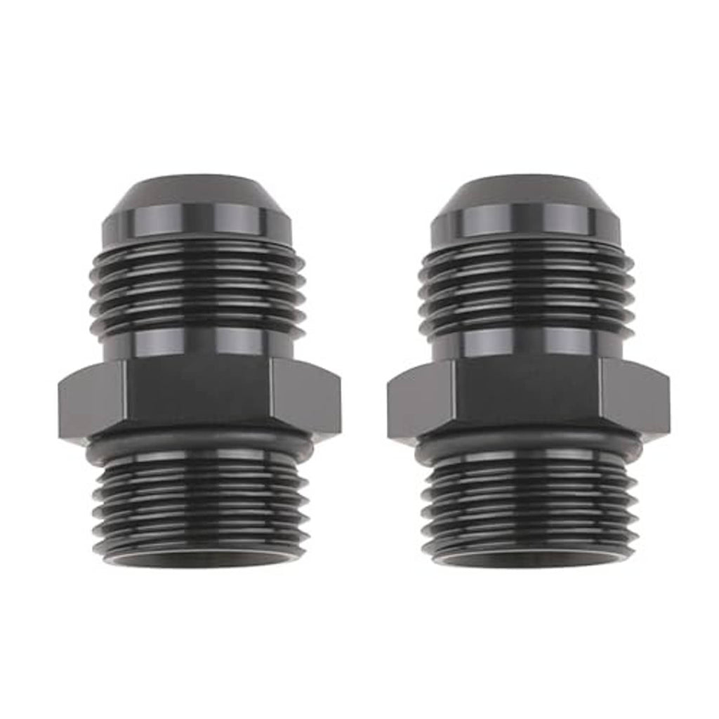 Pair of black AN ORB O-ring adapter fittings, hex faces and male threads