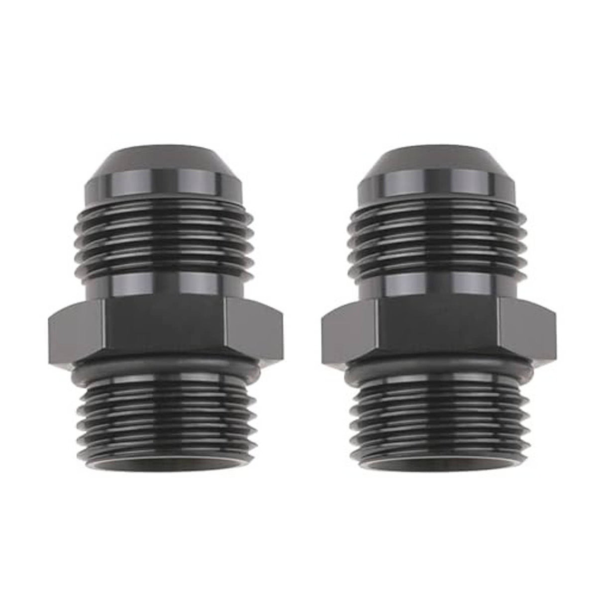 Pair of black AN ORB O-ring adapter fittings, hex faces and male threads