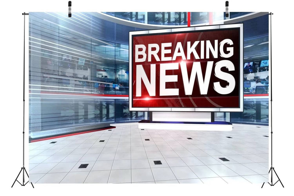 Fabric news backdrop with centered BREAKING NEWS display and studio floor grid
