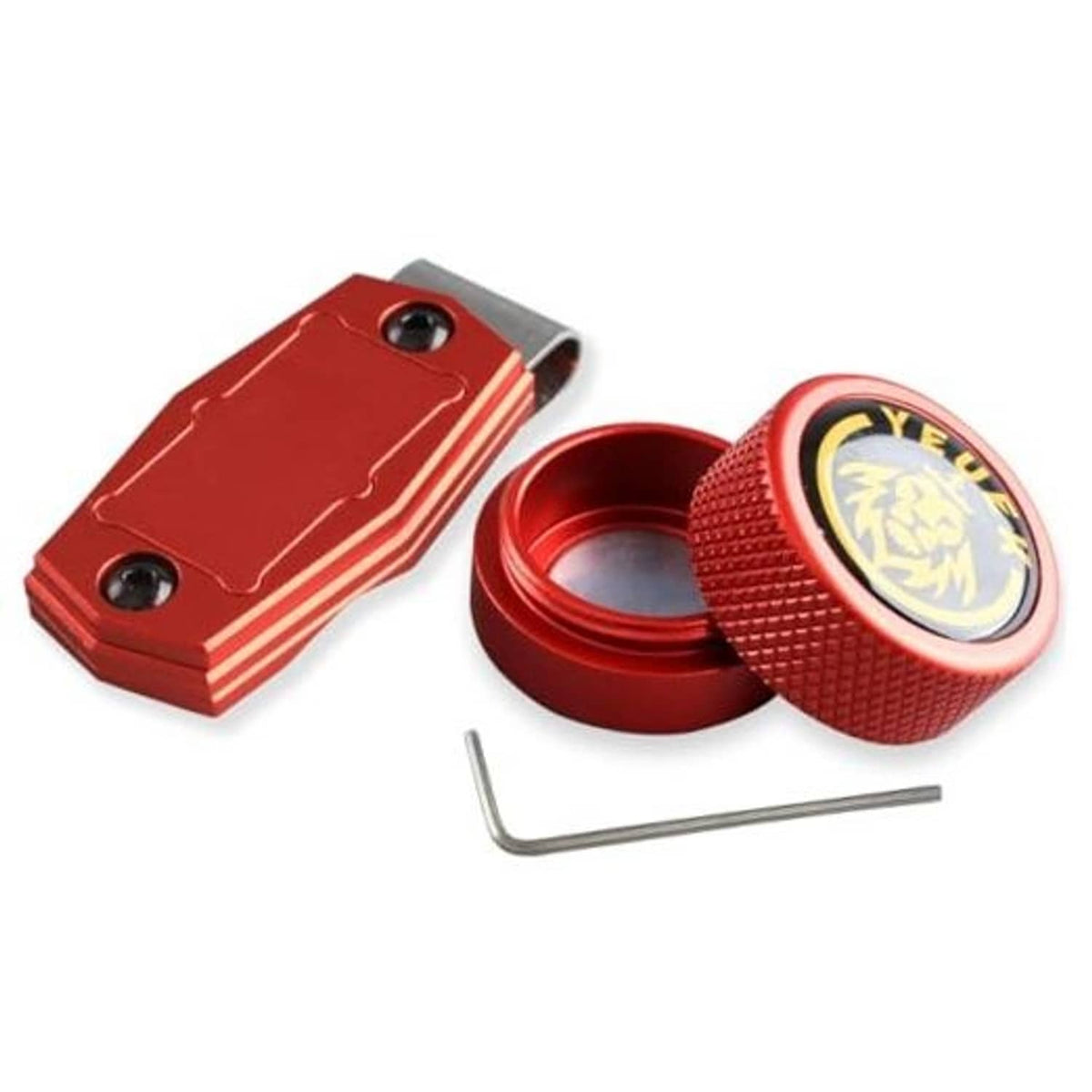 Red metal pool chalk holder with round cap and back clip, plus hex key