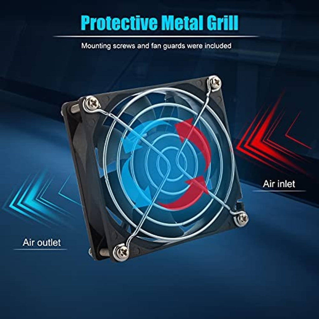 80mm square DC 12V brushless fan with protective metal grill and red/black wiring