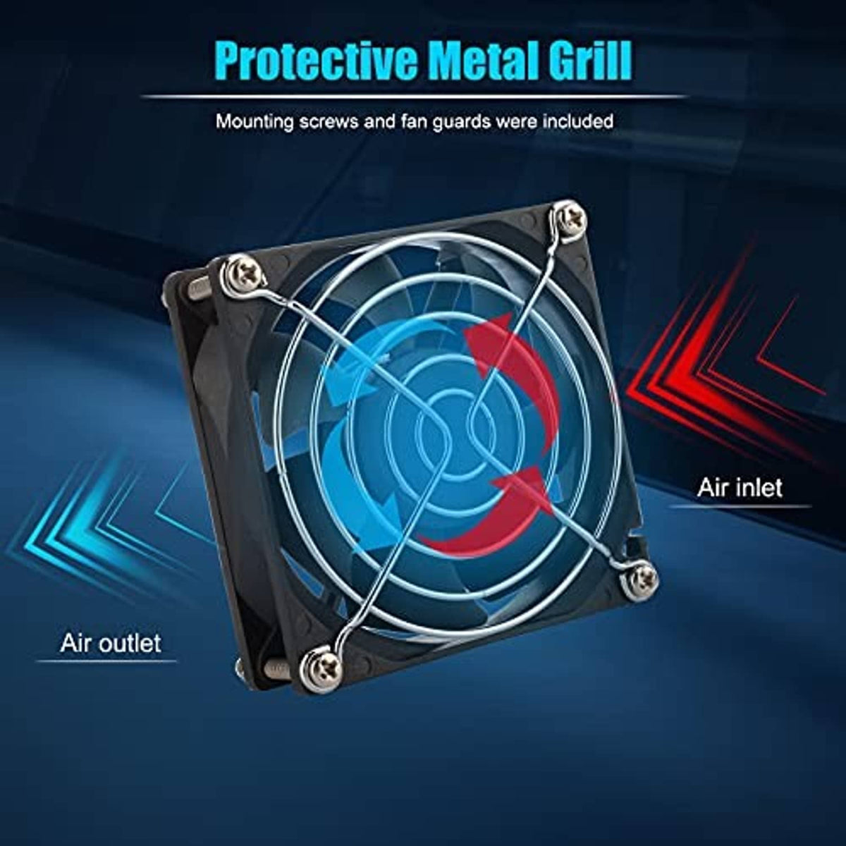 80mm square DC 12V brushless fan with protective metal grill and red/black wiring