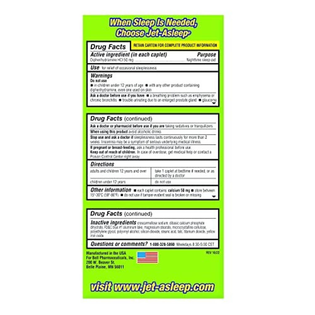 Jet-Asleep double strength nighttime sleep-aid drug facts label panel (back)