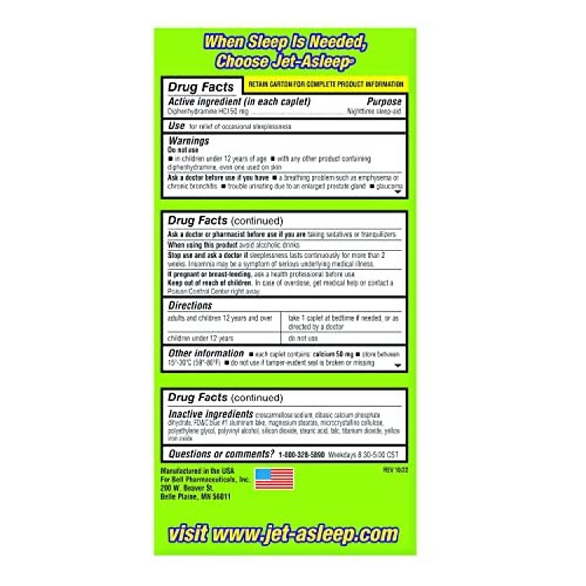 Jet-Asleep double strength nighttime sleep-aid drug facts label panel (back)