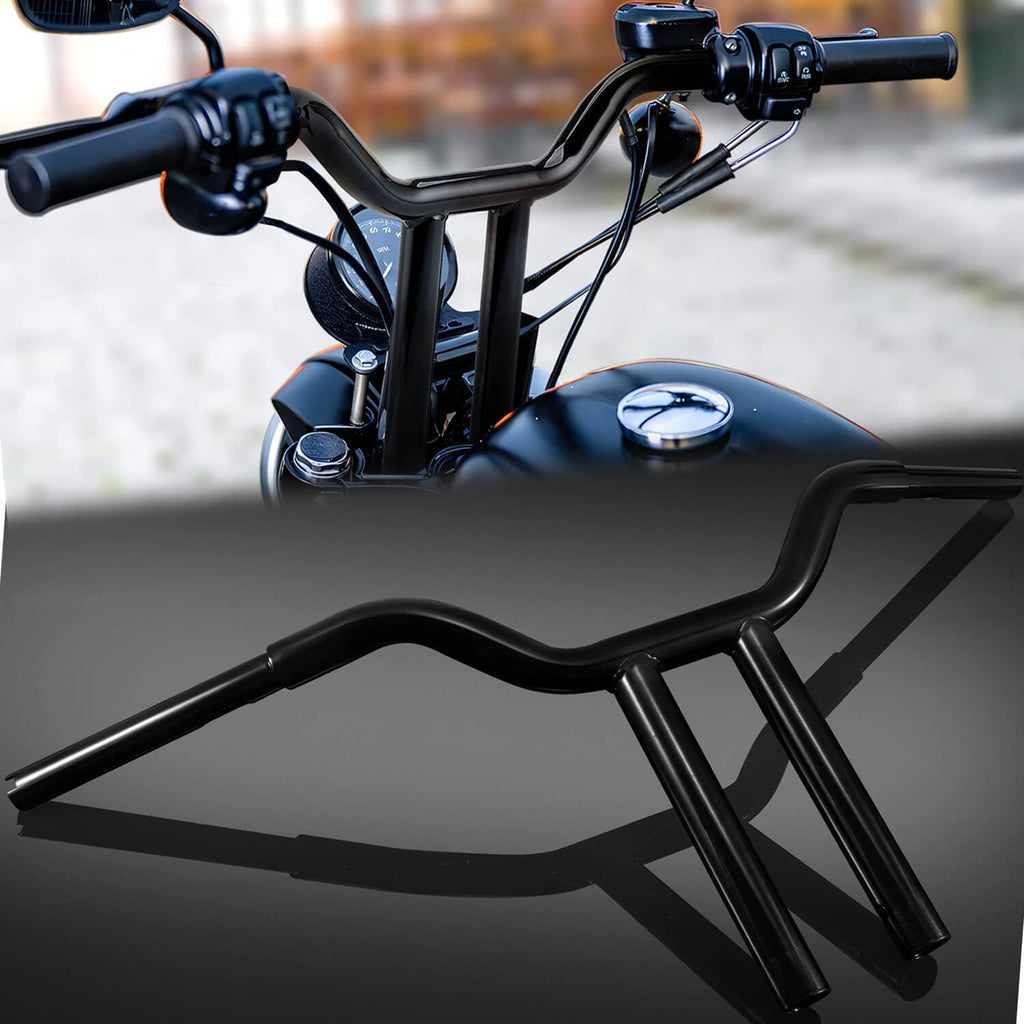 Black T-bar handlebar with cross brace and cable-routing area over motorcycle top