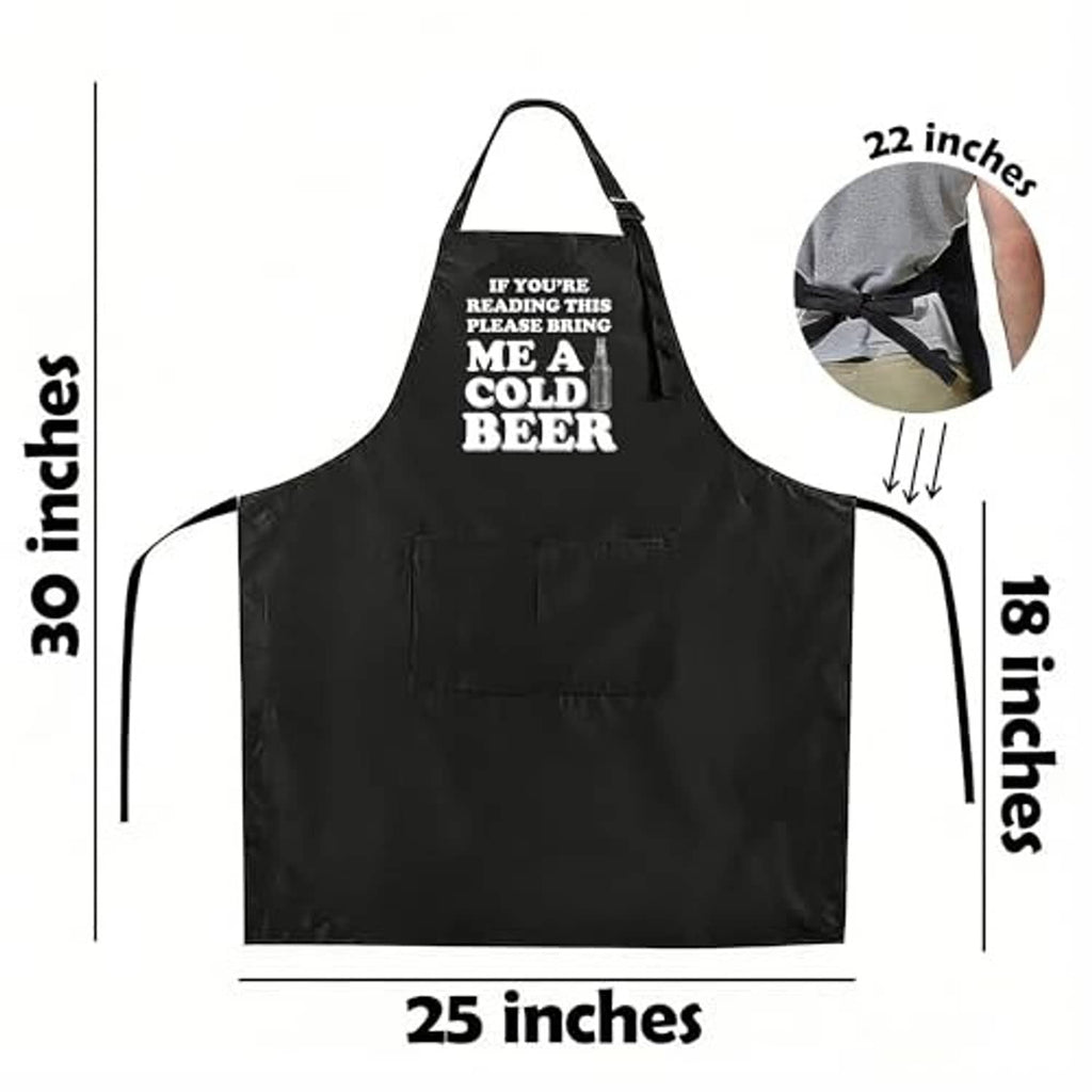 Black apron front with bold 'me a cold beer' lettering