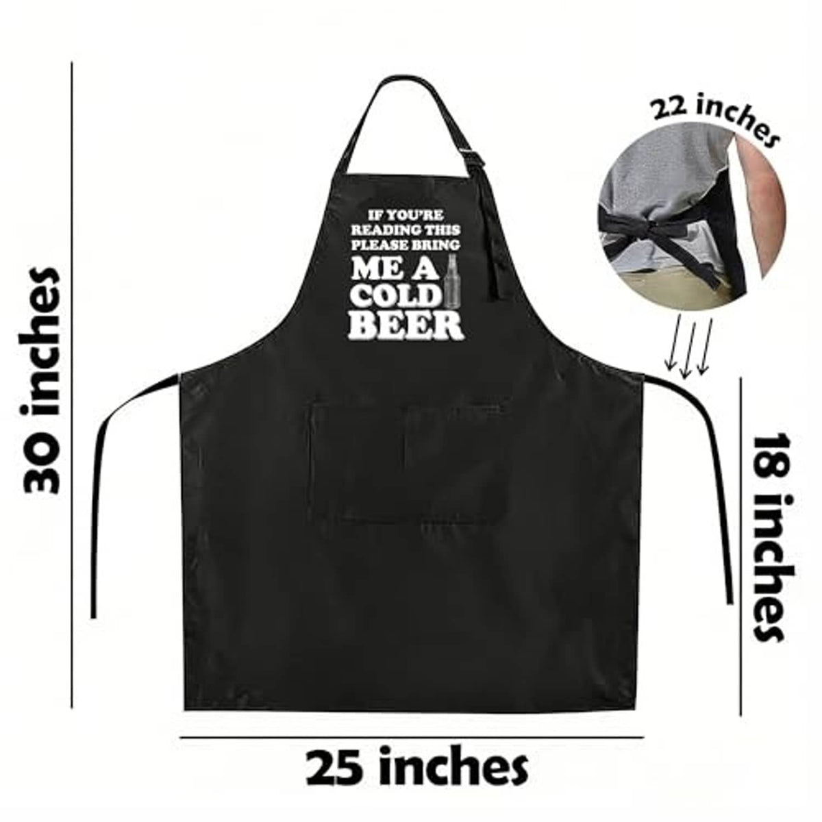 Black apron front with bold 'me a cold beer' lettering