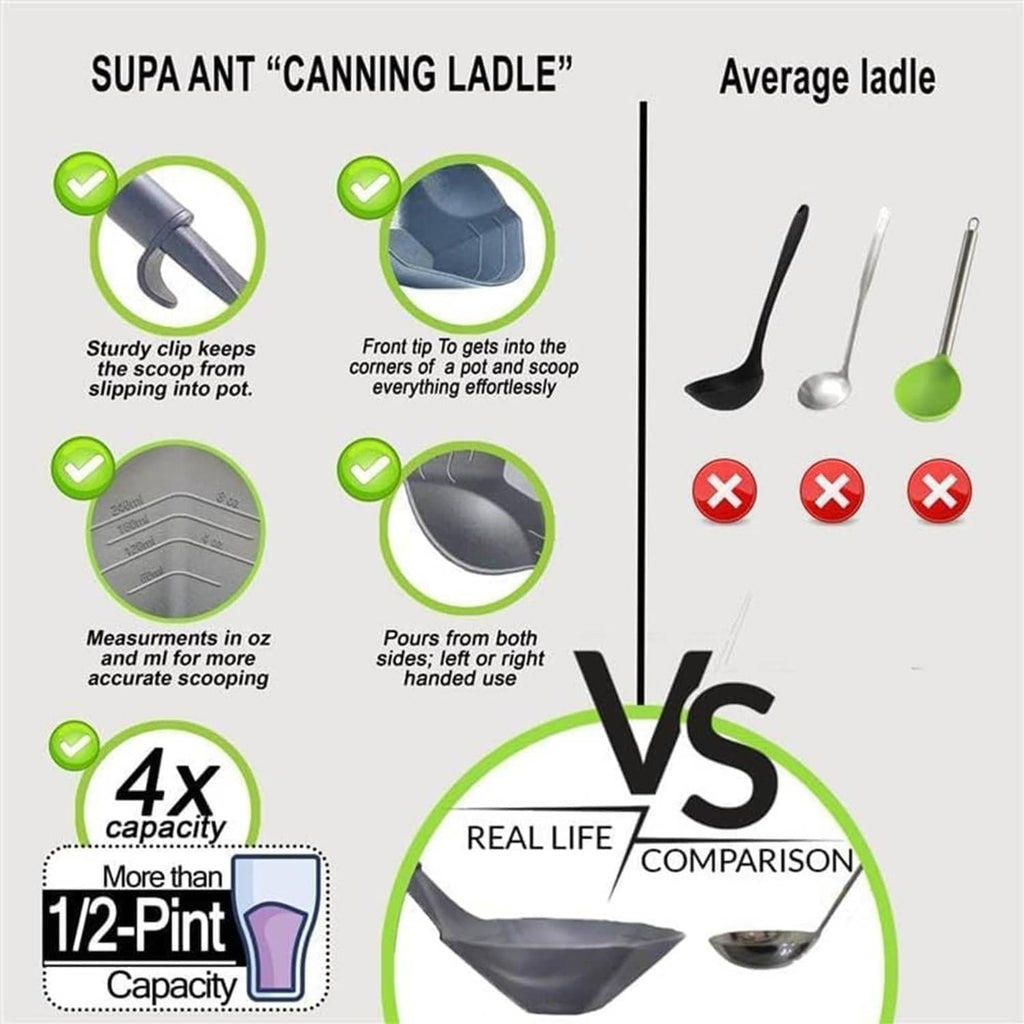 Canning ladle set with clip design and comparison to standard ladles and spoons