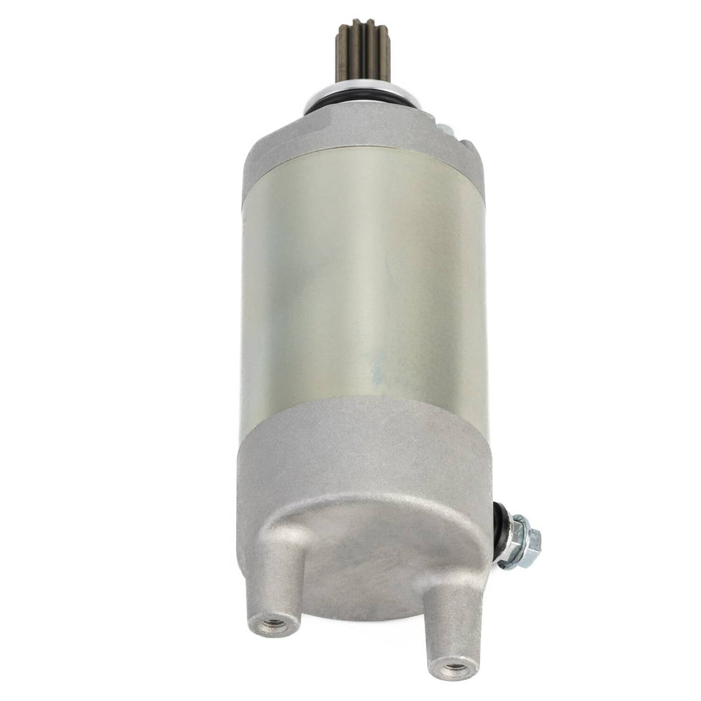Starter motor assembly, front view with mounting posts and terminal connector, silver