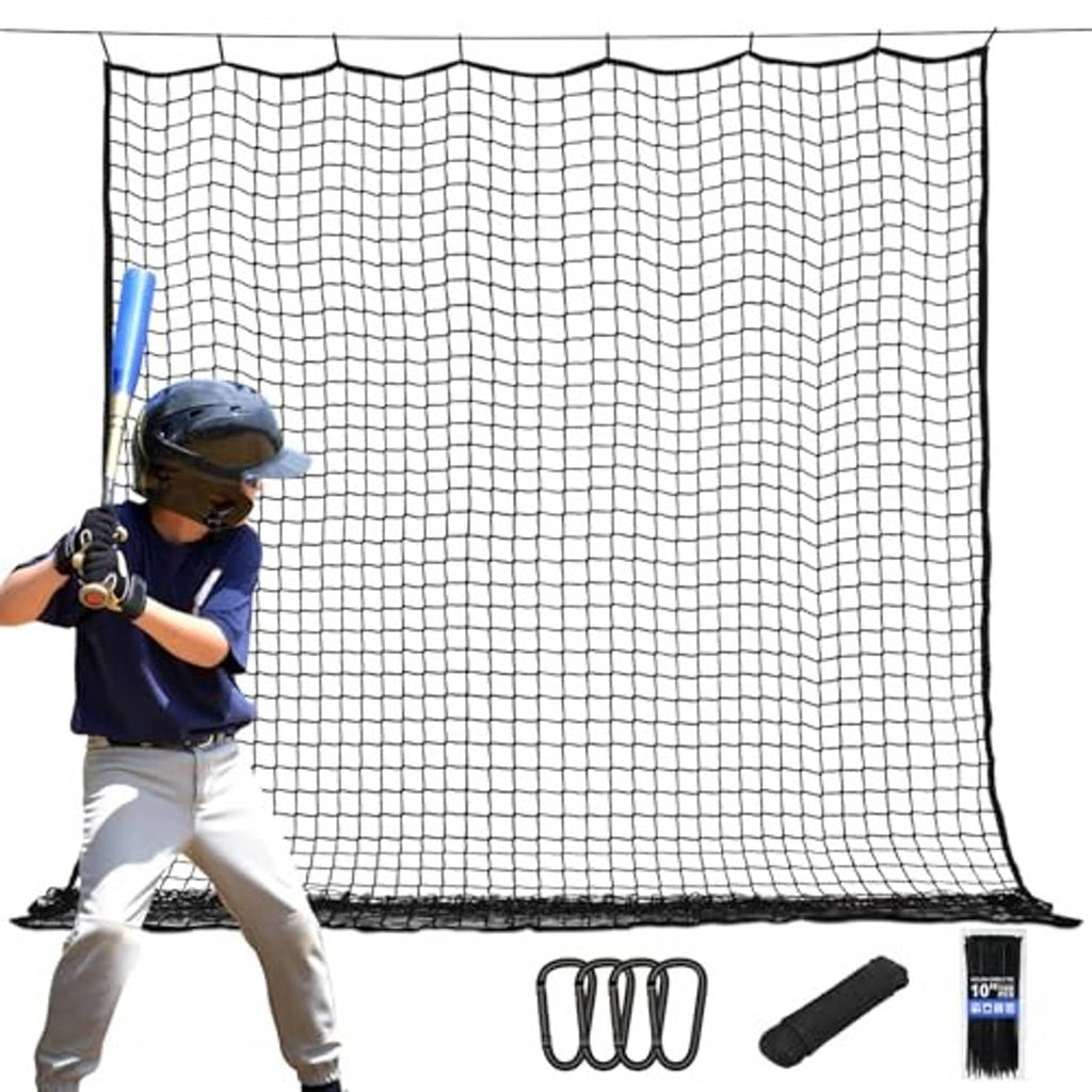 Baseball backstop netting barrier with white mesh, black border, and tie accessories