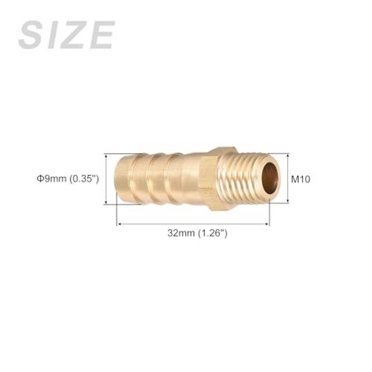 Brass hose barb fitting with M10 male thread, 32mm length, 9mm barbed port