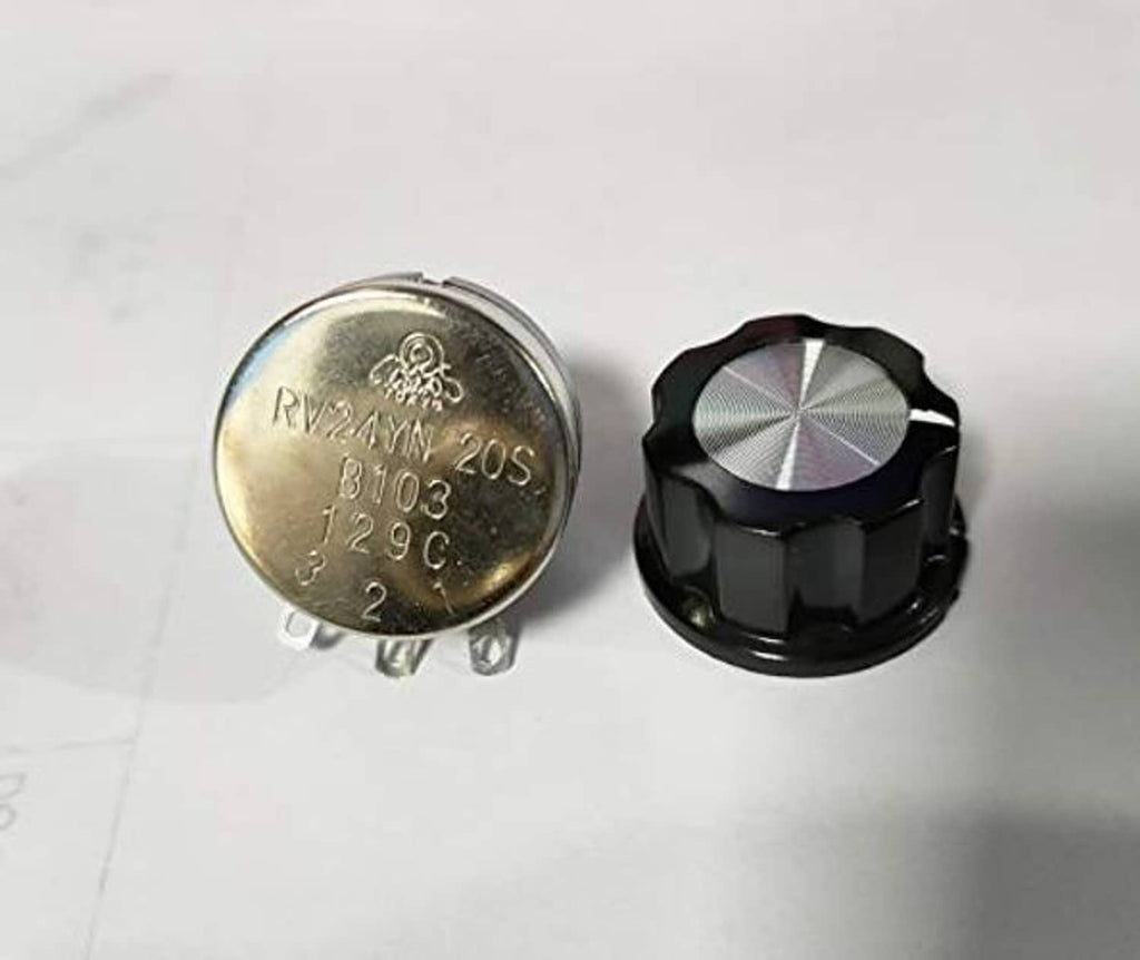Rotary taper potentiometer with stamped metal back and black knurled adjustment knob