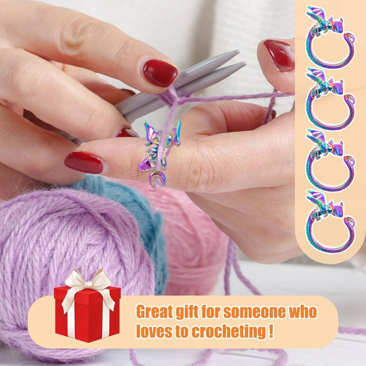 Rainbow dragon crochet tension ring in hand while crocheting with purple yarn