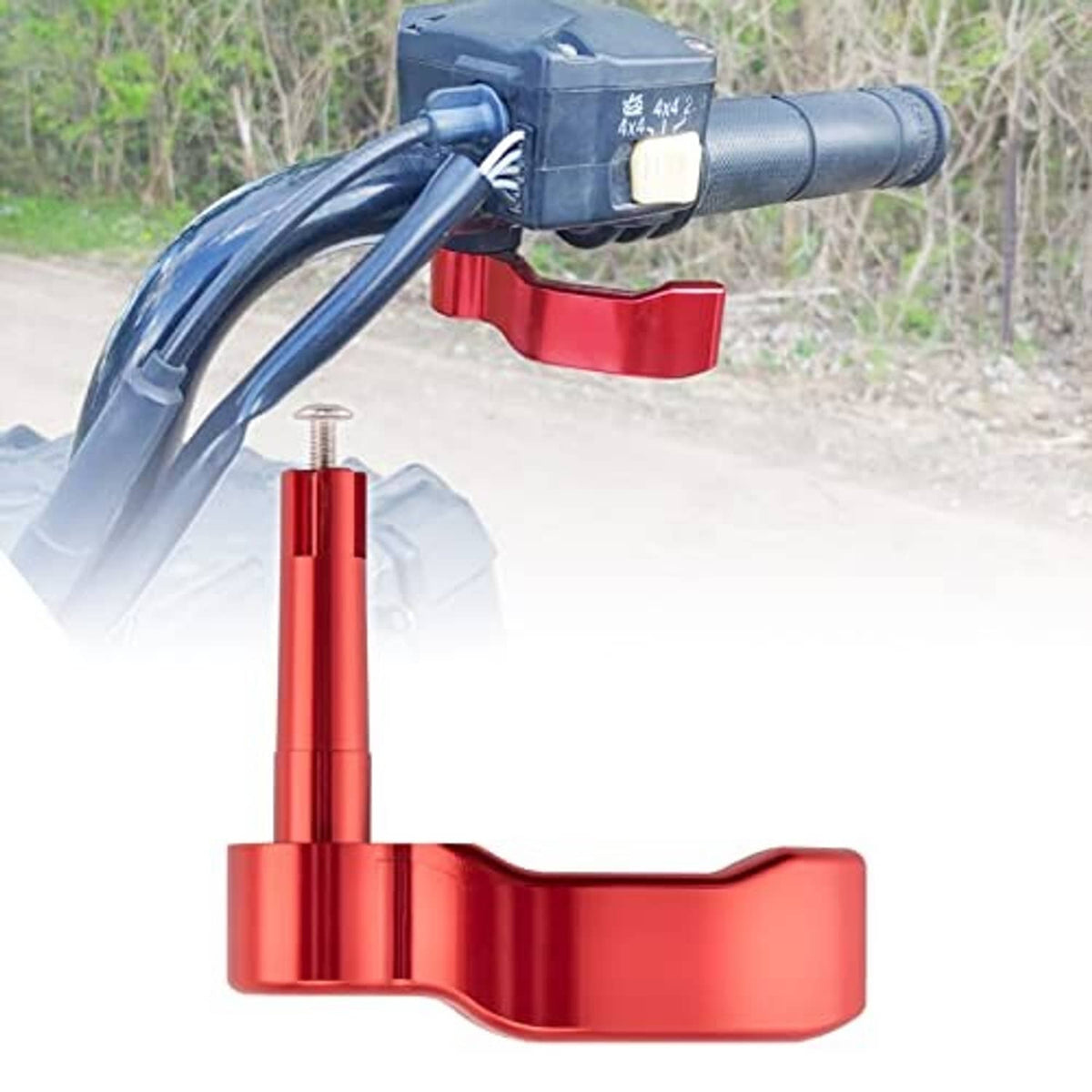 Red aluminum thumb throttle lever installed on handlebar assembly, billet aluminum.