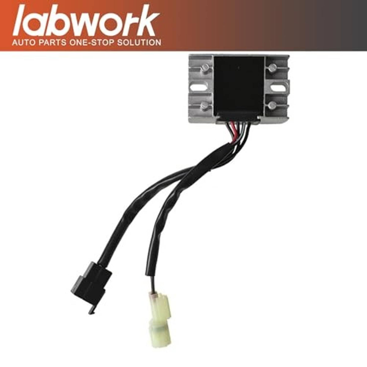 Voltage regulator rectifier module with black wires and two plug connectors, metal case