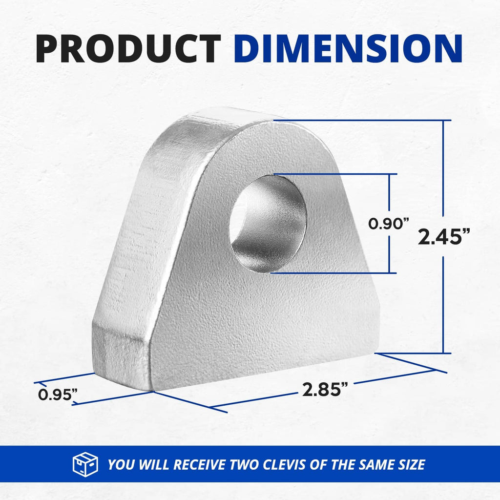Weld-on steel clevis mount showing product dimensions with circular hole opening.